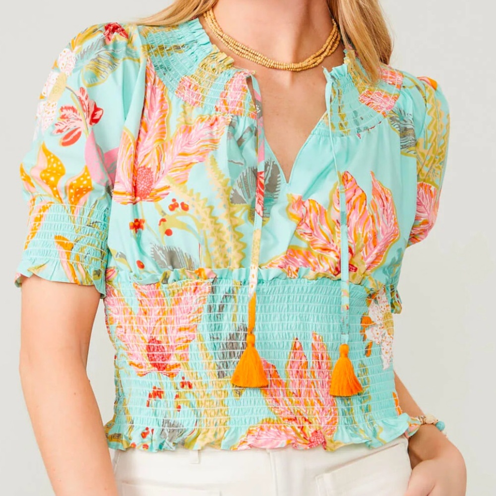 Spartina 449 Anya Smocked Blouse Queenie Tropical Floral Foam Blouse Woman XL